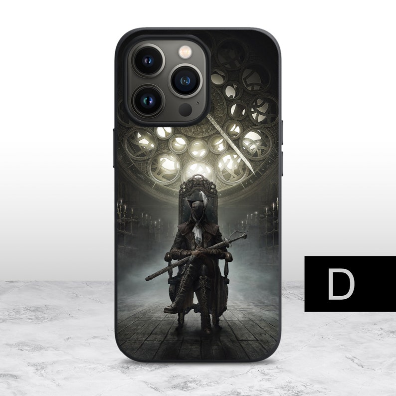 May include: A black phone case with a design of a figure in a hooded cloak sitting on a throne in a dark, gothic setting. The figure is holding a sword and the background features a large, ornate clock face.
