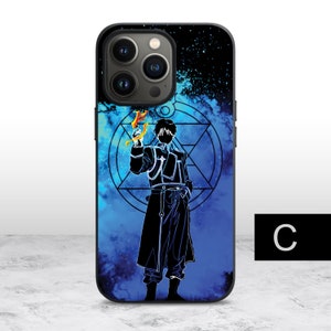 May include: A black iPhone case with a blue and white design featuring a character from the anime Fullmetal Alchemist. The character is holding a flaming object and is standing in front of a blue and white circle with a symbol in the center. The case has a black background with a starry sky pattern.