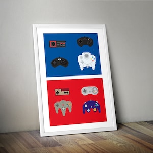 Retro Pixel Controllers Poster - PRINT 01 - Vintage Wall Art Prints - game room/man cave gift ideas for men and women - Size A4