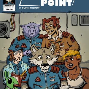 May include: A comic book cover featuring a group of anthropomorphic characters in a futuristic setting. The cover is titled "Zero Point" and features a wolf-like character working on a device with sparks flying. The characters are wearing blue and brown uniforms with patches that say "S. Kent" and "I. SIPA".