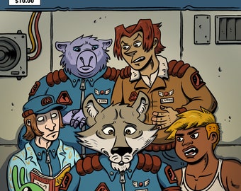 May include: A comic book cover featuring a group of anthropomorphic characters in a futuristic setting. The cover is titled "Zero Point" and features a wolf-like character working on a device with sparks flying. The characters are wearing blue and brown uniforms with patches that say "S. Kent" and "I. SIPA".