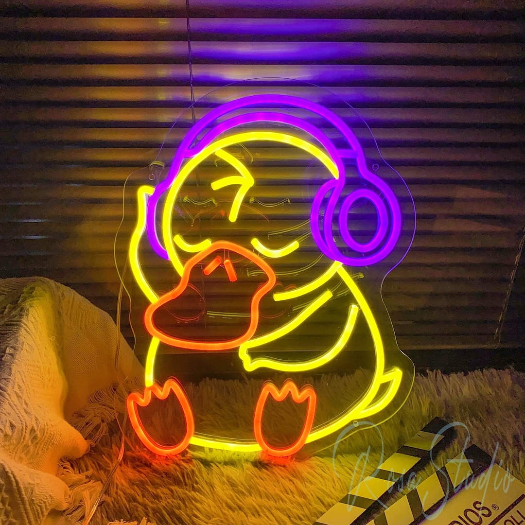 Duck Neon Sign Wall Art Psyduck With Headphones Led Neon - Etsy