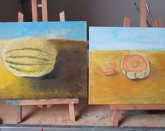 Set of two painting paintings still life impasto cantaloupe melon oil canvas cardboard 2 times 30 x 24 cm 2of 12x9inch