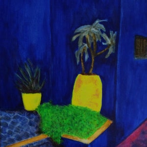 Bold Colors Moroccan Garden Painting Le Jardin majorelle Travel Cities Travel City Marrakesh Morocco Garden Painting 16x19.5 inc