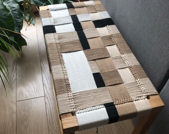 Mid century modern handwoven bench for bedroom or entryway •  Cappuccino End of Bed Handmade Seat • length 60cm  • 24 inch