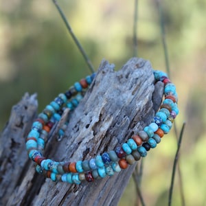 Beaded Memory Wire Wrap Bracelet, Boho style, Blue and Earthy Tones