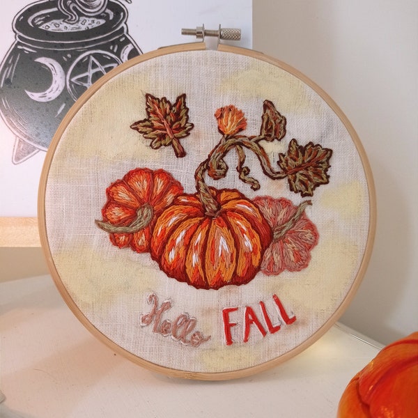 Hello Fall - broderie / automne, citrouille, décoration, cottagecore, farmhouse