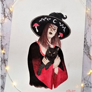 Cat witch - original A4 illustration / witch, cat, magic