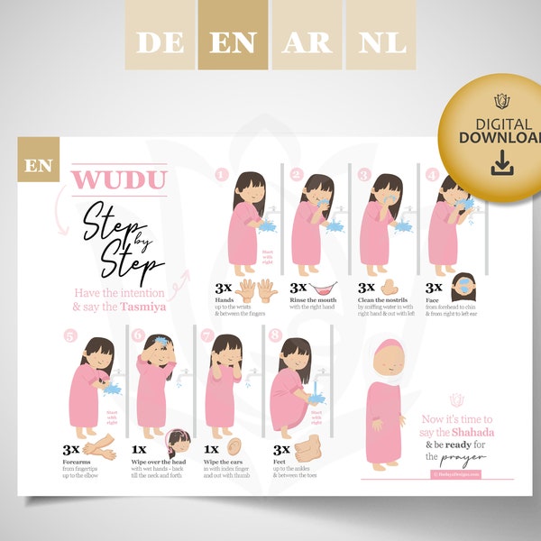 Téléchargement numérique - Wudu Poster - Anglais - Instructions étape par étape pour apprendre les ablutions - Wudu Abdest - pour les enfants et les filles