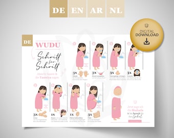 Digital Download - Wudu Poster - German - Step by step instructions for learning ablution - Abdest - for children - girls