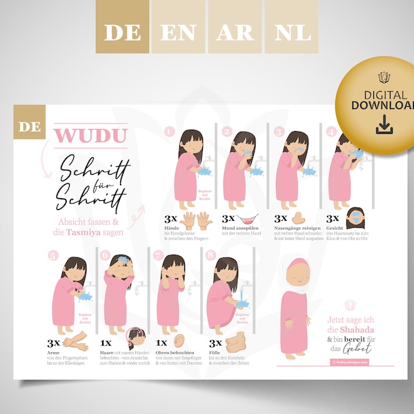 Digitaler Download - Wudu Poster - Deutsch - Schritt für Schritt Anleitung zum Erlernen der Gebetswaschung - Abdest - für Kinder - Mädchen
