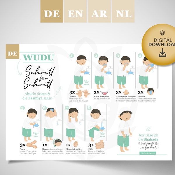 Digital Download - Wudu Poster - Deutsch - Schritt für Schritt Anleitung zum Erlernen der Gebetswaschung - Wudu Abdest - für Kinder- Jungs