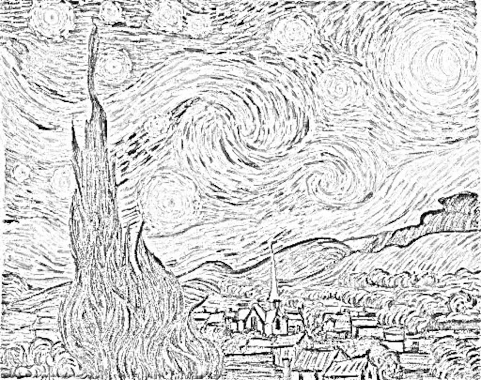 Starry Night Coloring Page starry night van gogh coloring Etsy