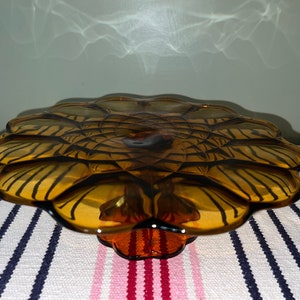 Vintage Amber Glass Cake Stand with Geometric Pattern