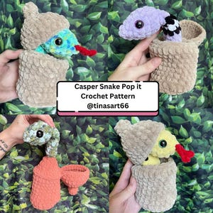 May include: Four crocheted snake pop-it toys in different colors. Each snake is crocheted in a different color and has a different colored eye. The snakes are all in a crocheted pot. The text "Casper Snake Pop it Crochet Pattern @tinasart66" is on a pink and white background.