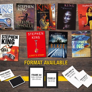 Könnte beinhalten: Eine Sammlung von Stephen King Buchcovern in verschiedenen Formaten, darunter Kühlschrankmagnete, Papierbögen und Rahmen. Die Cover zeigen Titel wie "Cell", "Lisey's Story", "Wolves of the Calla", "The Colorado Kid" und "Blaze".