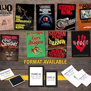 May include: A collection of Stephen King and Richard Bachman book covers, including "Cujo", "The Gunslinger", "Running Man", "Christine", "Pet Sematary", "The Eyes of the Dragon", "The Talisman", "Thinner", and "Cycle of the Werewolf". The covers are displayed on a wooden surface with a yellow banner that reads "FORMAT AVAILABLE". Below the banner are three different frame sizes and two paper sheet sizes.