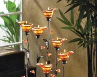 2 Tea Light Candle Holders w/ Amber Glass Lilies on Stem Stand 13.4" High 