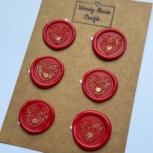 Red Heart Wax Seals with Gold Polish, Handmade Stickers (Set of 6)