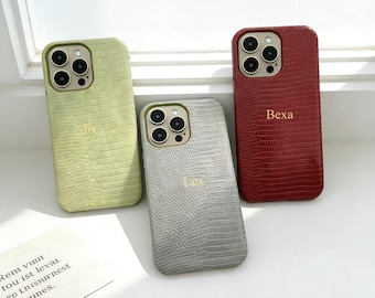 Personalized Crocodile Leather iPhone Case | Custom Gold Foil Name Cover