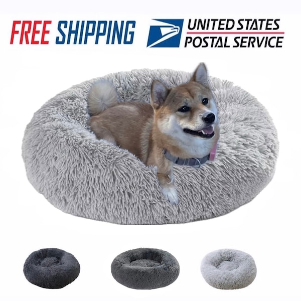 Black | Light Gray| Dark Gray | Gray Dog Cat Donut Pet Bed Faux Fur Washable Round Comfortable Fluffy Cushion Small Medium Large