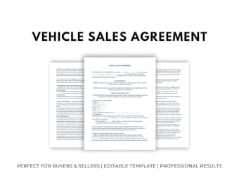 Puede incluir: Una pila de tres formularios de Acuerdo de Venta de Vehículo sobre un fondo blanco. El formulario superior está centrado, con el título "VEHICLE SALES AGREEMENT" en texto negro en negrita. Los formularios contienen texto detallado y secciones.