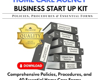 May include: A Home Care Agency Business Start Up Kit featuring a stack of black binders labeled with policies and procedures. Includes a gold premium quality badge and a red download button for 40 essential home care forms and documents.