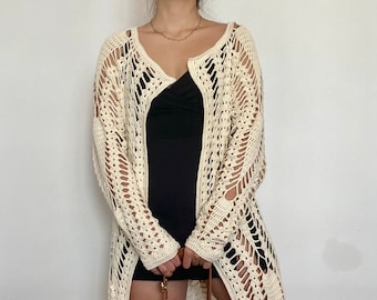 Crochet Long Cardigan, Long Sleeve Fishnet Cardigan, Open Front Cardigan, Lace Up Ecru Cardigan, Elegant Unique Fall Outfit, Gifts For Her