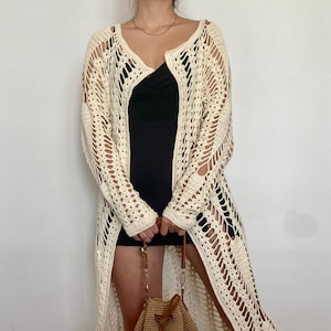 Crochet Long Cardigan: Open Front Fishnet Cotton Lace Cardigan