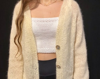 Hand Knit Mohair Bomber, Seashell Buttoned Cardigan, Open Front Cardigan,Loose Fit,Slouchy Balloon Sleeves, Luxurious Super Soft Kid Mohair