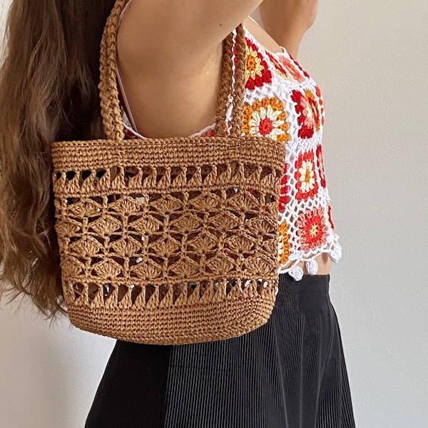 Crochet Raphia Tote Bag, Straw Shoulder Bag, French Market Bucket Bag, Purse Basket, Minimal Boho-Chick bag, Rouje Bag, Net Bag, Gift for Her
