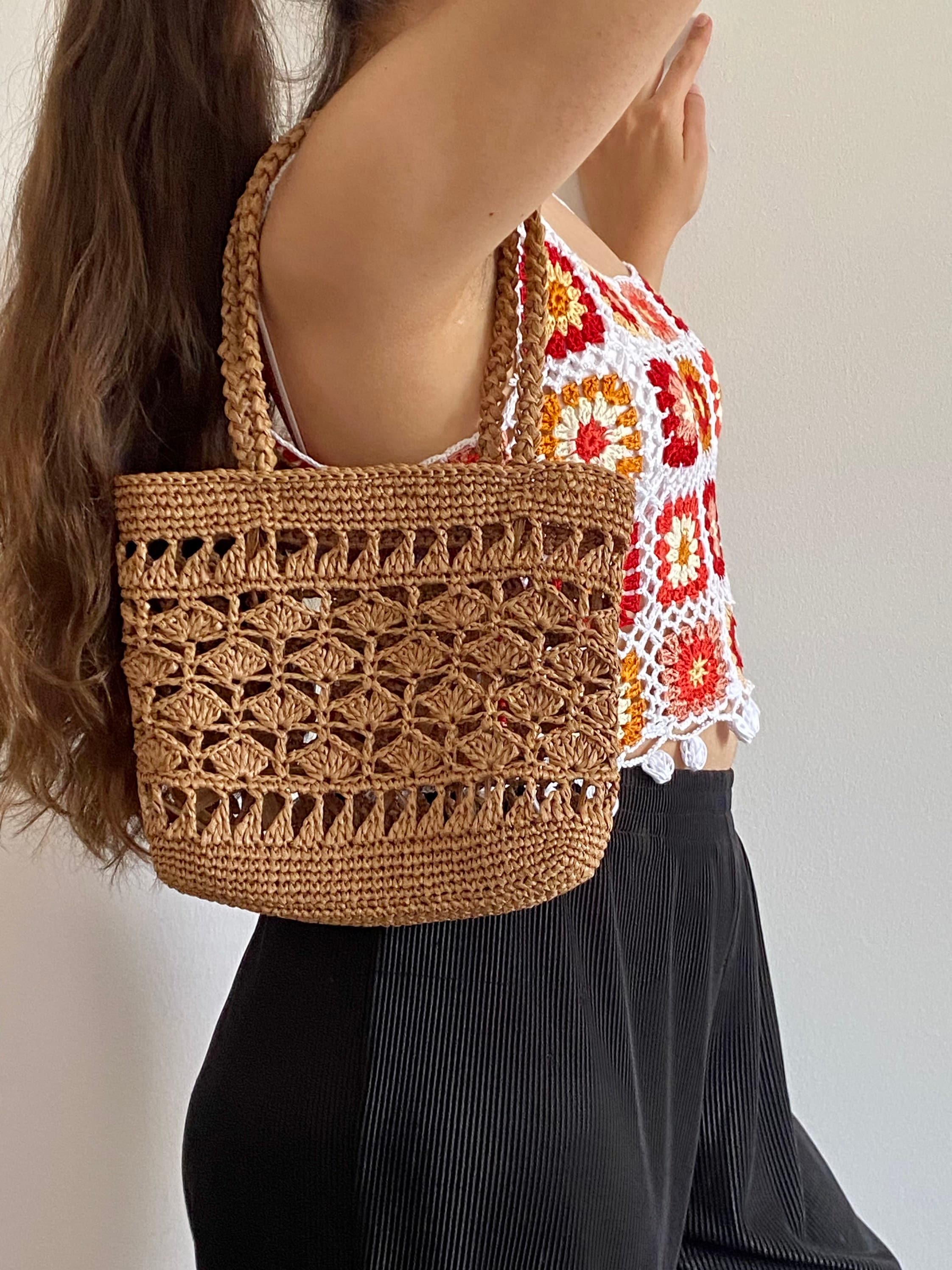 Crochet Raffia Tote Bag, Straw Shoulder Bag, French Market Crochet Raffia Tote Bag, Straw Shoulder Bag, French Market