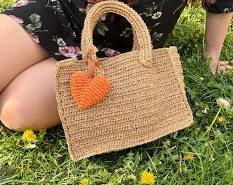 Handmade Raffia Crochet Bag: Boho Summer Tote with Leather Pouch