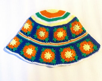Floral Granny Square Crochet Bucket Hat: Boho Sun Hat
