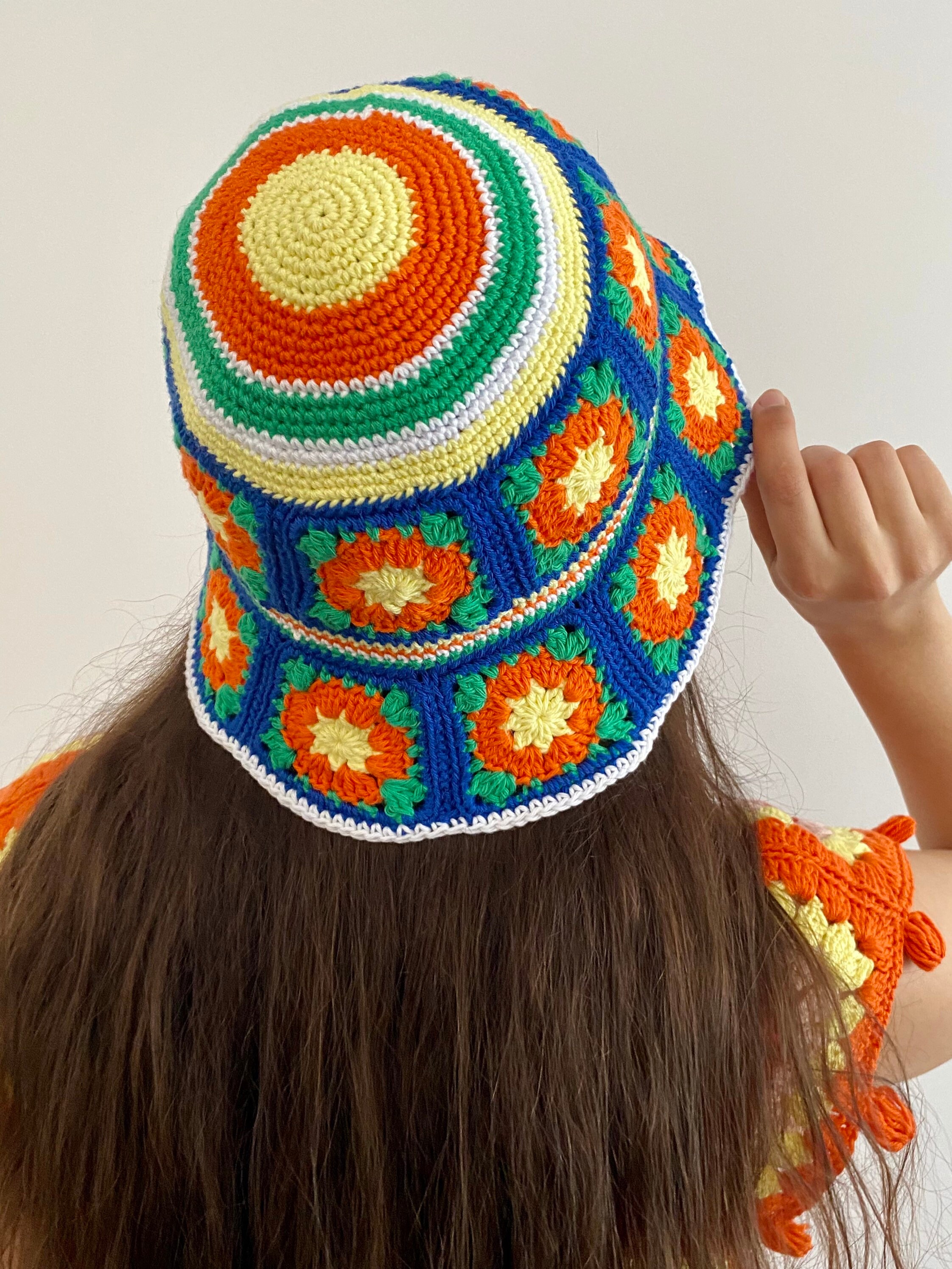 Crochet Granny Square Straw Bucket Hat Boho Floral Hollow Out Beach Sun Hat Crochet Flower Granny Square Bucket Hat | Summer Sun Hat  main image 2