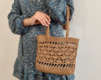 Crochet Raffia Tote Bag, Straw Shoulder Bag, French Market Bucket