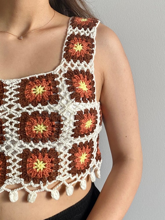 Granny Square Crop Top, Floral Crop Top in Brown Color Granny Square Crop Top, Floral Crop Top in Brown Color