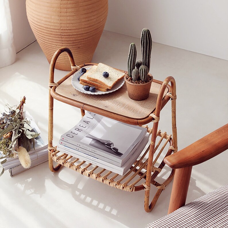 Handmade rattan side table with Magazine Storage Rack Etsy
