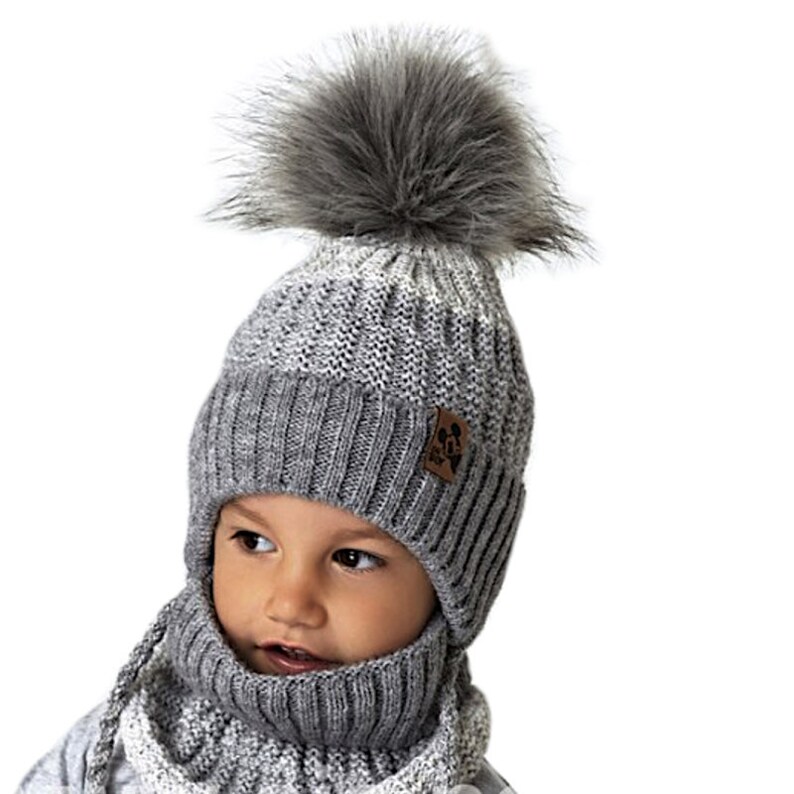 Jungen Kinder Winterset Set Kinderset gefüttert Mütze Wintermütze Bommelmütze Strickmütze Kindermütze breiter Rundschal Streifen grau Bild 1