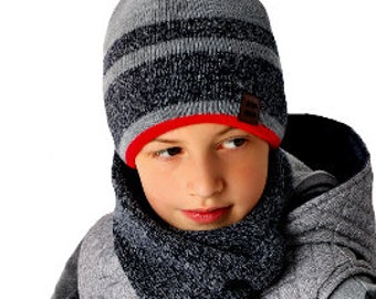 Jungen Winterset Kinderset Wintermütze Strickmütze Beanie Mütze Slouch Wollmütze Schal mit Wolle Streifen grau