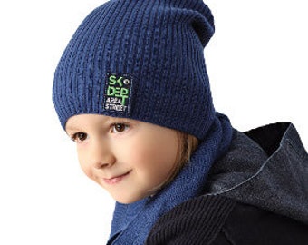 Jungen Set Mütze Long Beanie Slouch Strickmütze Kindermütze Baumwollmütze mit Baumwolle Loopschal Loop Frühling Herbst Blau