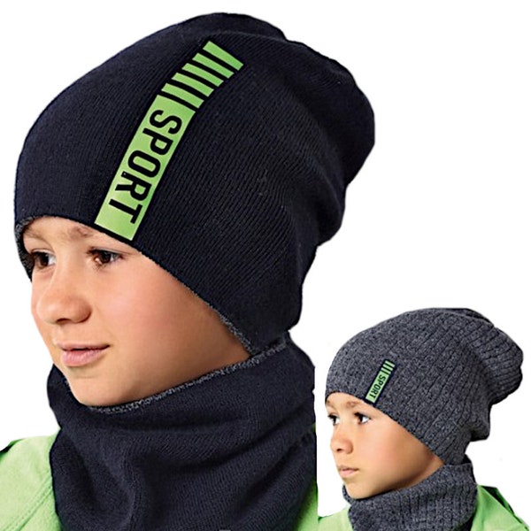 Jungen Winterset Kinderset Set Mütze Beanie Slouch Wintermütze Strickmütze Wendemütze Rundschal mit Wolle graphit grau