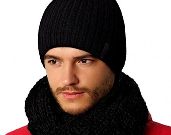 Herren Set Winterset doppeltgelegt Mütze Beanie Wintermütze Strickmütze Wollmütze Loopschal Loop Schal Grobstrick mit Wolle schwarz