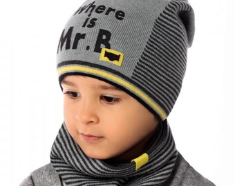 Jungen Set Mütze Beanie Slouch Kinderset Jungenset Strickmütze Baumwollmütze Loopschal mit Baumwolle Frühling Herbst Streifen grau blau