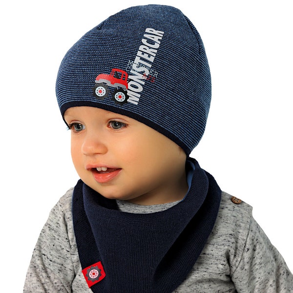 Baby Jungen Set Zweiteiler Strickmütze Mütze Beanie Kindermütze Baumwollmütze Übergangsmütze mit Halstuch blau rot