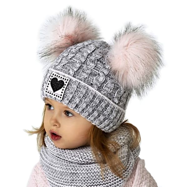 Girls winter set children's set lined hat winter hat knitted hat bobble hat two bobbles knitted scarf scarf grey pink