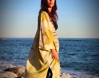 Ecoprinted Organic Cotton Kimono jacket · Botanical handmade long Kimono jacket · Castor Leave & Eucalyptus Natural Dye · One of a Kind ·