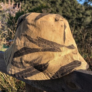 Unisex cotton bucket hat, reversible bucket hat, raw sienna summer hat, botanical print hat, ecoprint hat, natural dye hat image 1