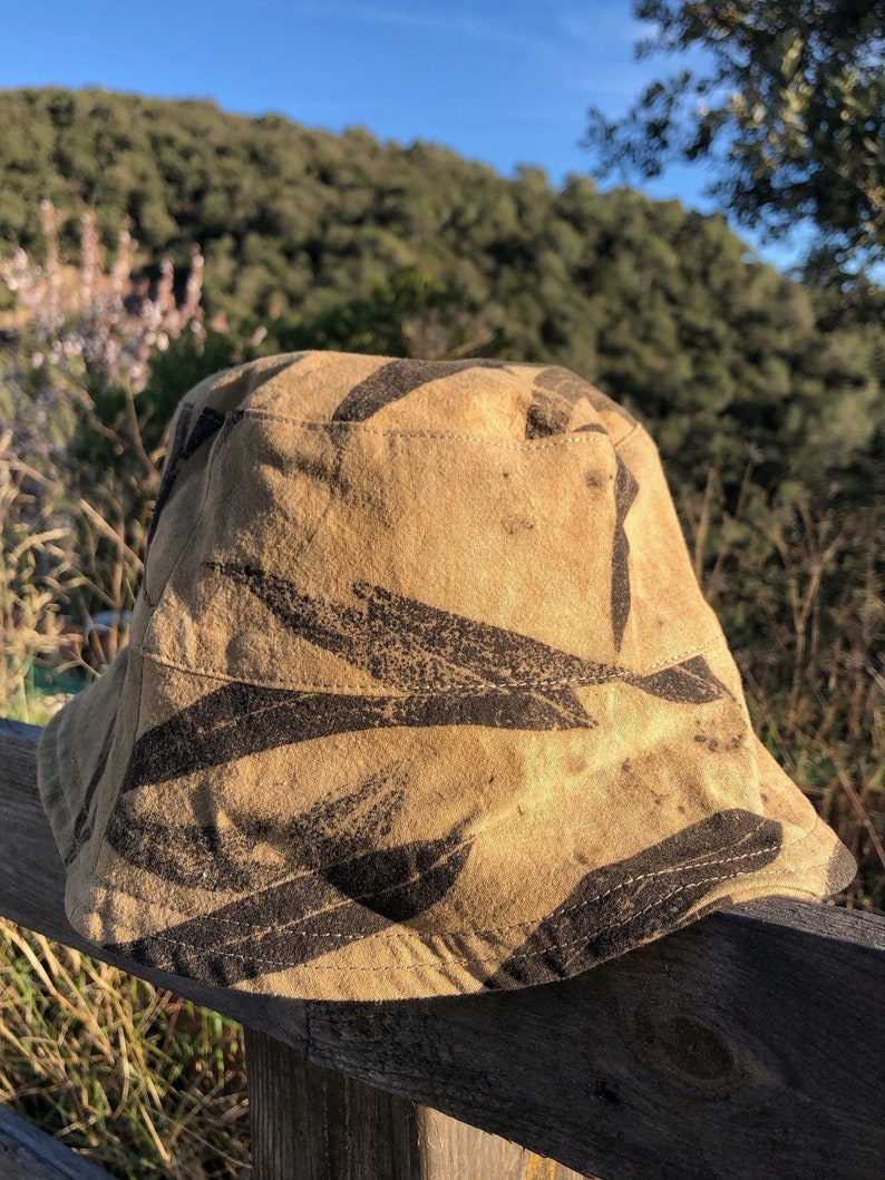 Unisex cotton bucket hat, reversible bucket hat, raw sienna summer hat, botanical print hat, ecoprint hat, natural dye hat image 1