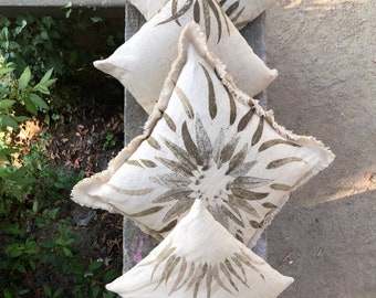 Botanical Print Cushion Covers Set · Ecoprint Home Decor · Organic Hemp Pillowcases · Sustainable Textile Art · One of a Kind